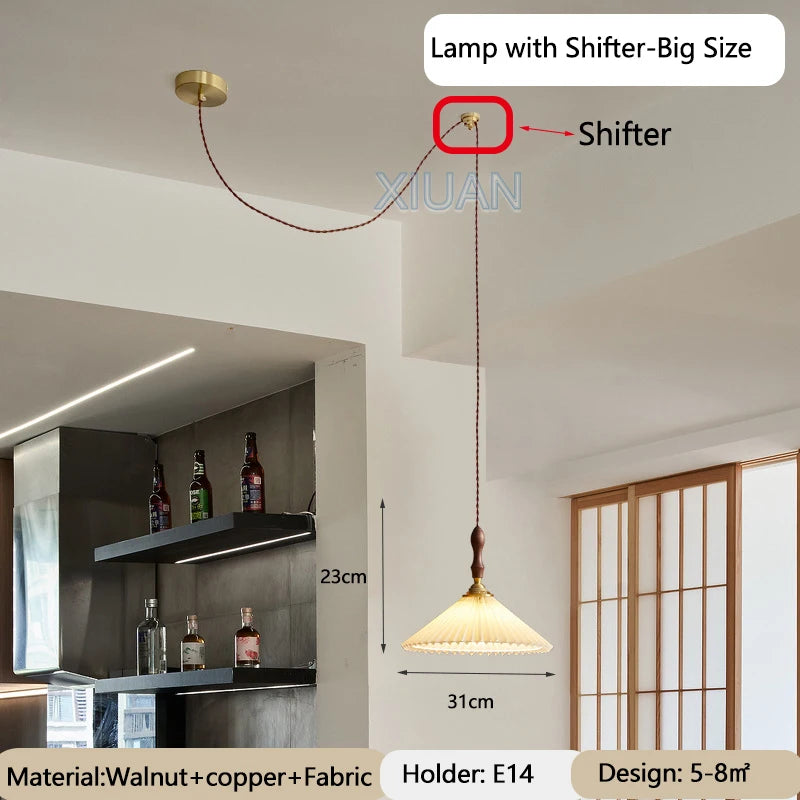 Japanese vintage chandelier with pleated walnut lampshade