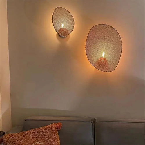 Wabi sabi woven rattan wall light for Japanese decor