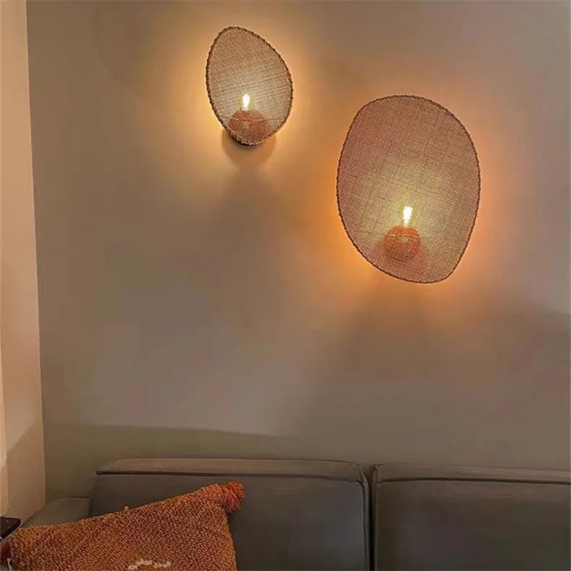 Wabi sabi woven rattan wall light for Japanese decor