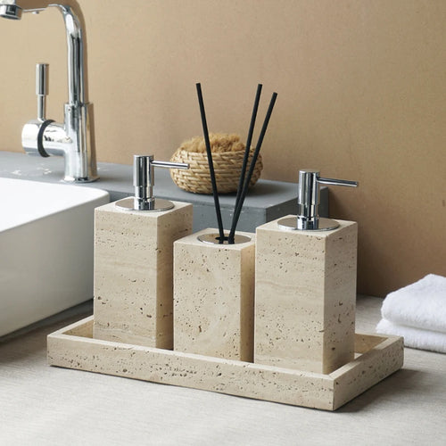 elegant travertine bathroom accessory set - vue 6 sur 30