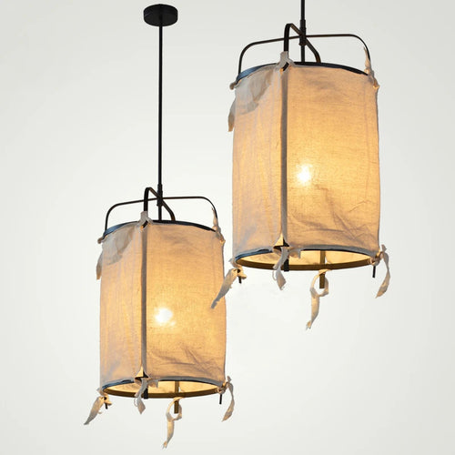 Japanese style iron and linen pendant light for interior decoration - vue 2 sur 9