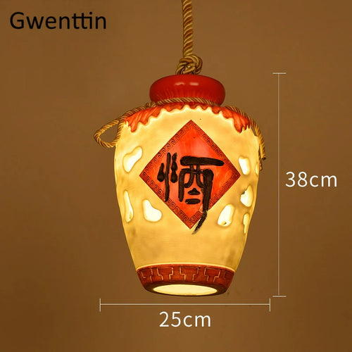 Chinese style wine jar pendant light for indoor decor - vue 9 sur 12