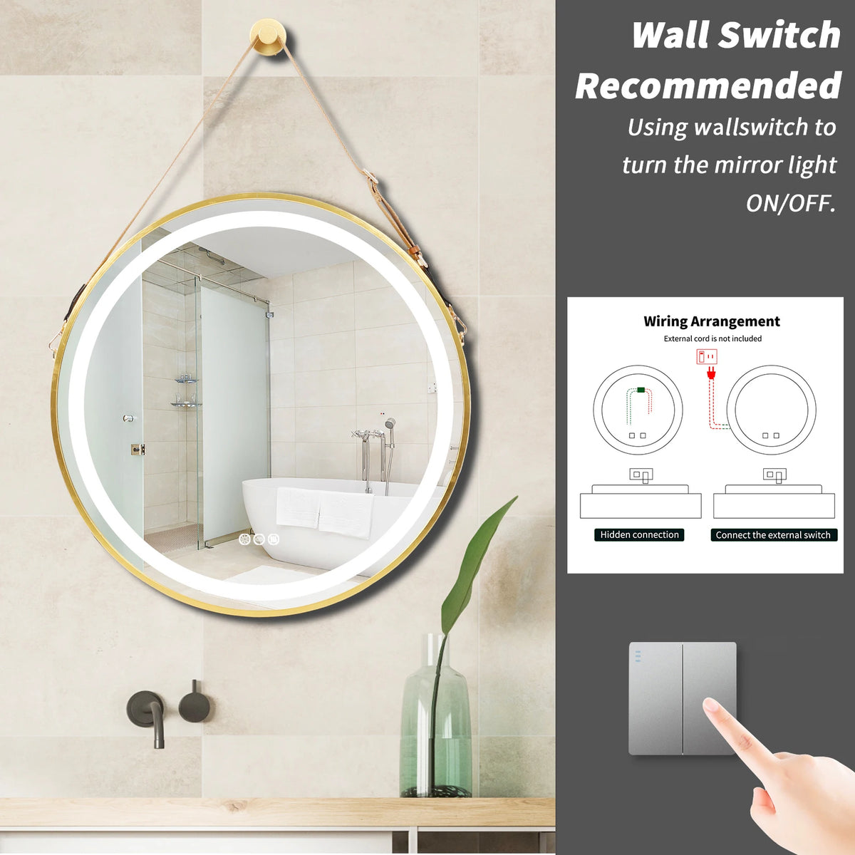 round mirror with LED lighting, anti-fog, variable intensity, aluminum frame, HD glass - vue 5 sur 9