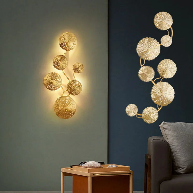 Lotus leaf gold copper LED wall sconce with G4 bulbs, vintage retro bedside and living room light