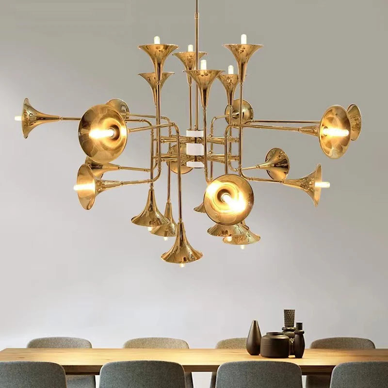 Modern multi-head gold trumpet chandelier