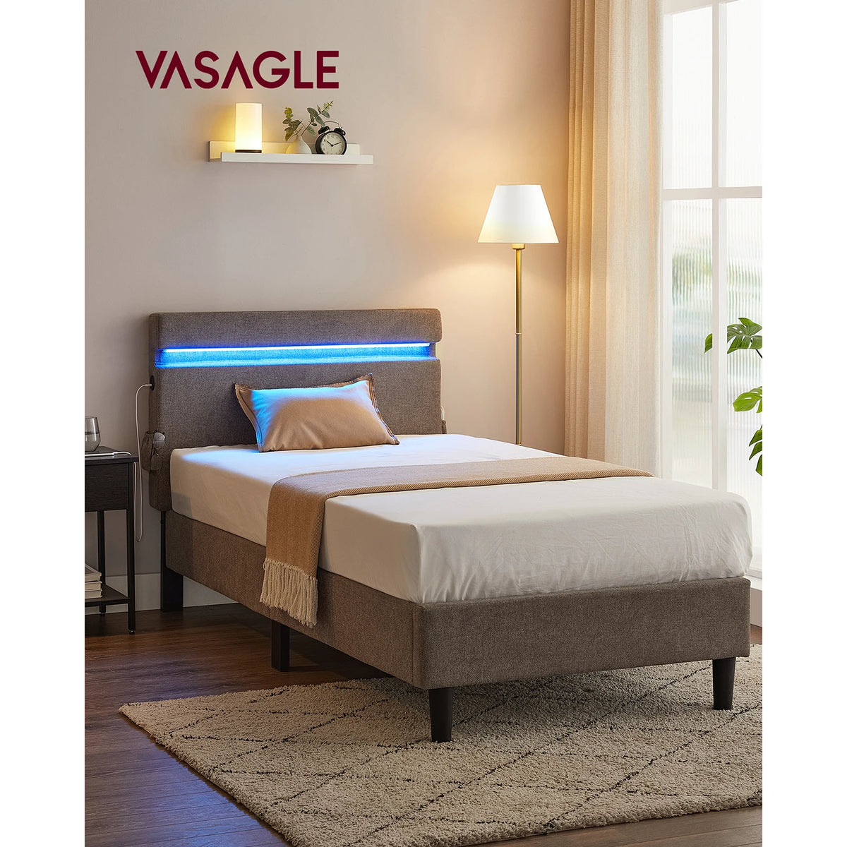 VASAGLE Metal Single Bed, 90 x 190 cm, Bed Frame, with Headboard, LED Lighting, USB and Type-C Port, Modern Style - vue 1 sur 7