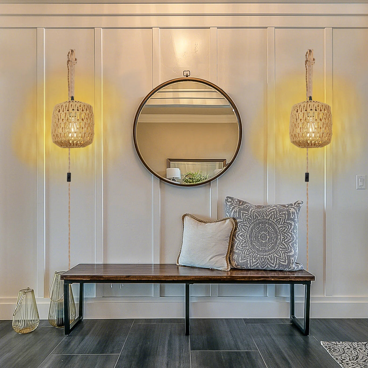 Retro woven rattan LED wall light with hemp rope - vue 6 sur 6
