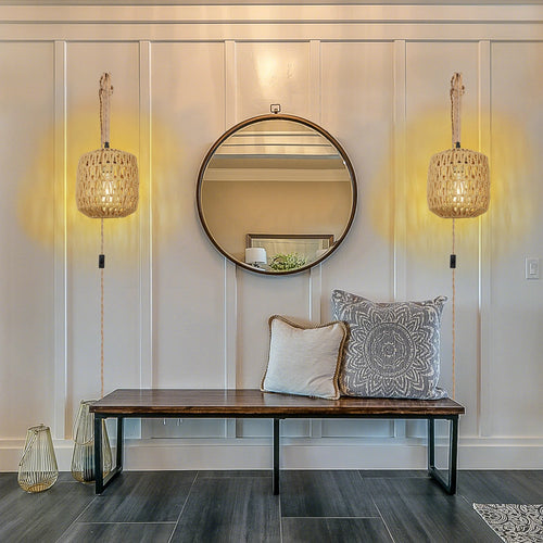 Retro woven rattan LED wall light with hemp rope - vue 7 sur 6