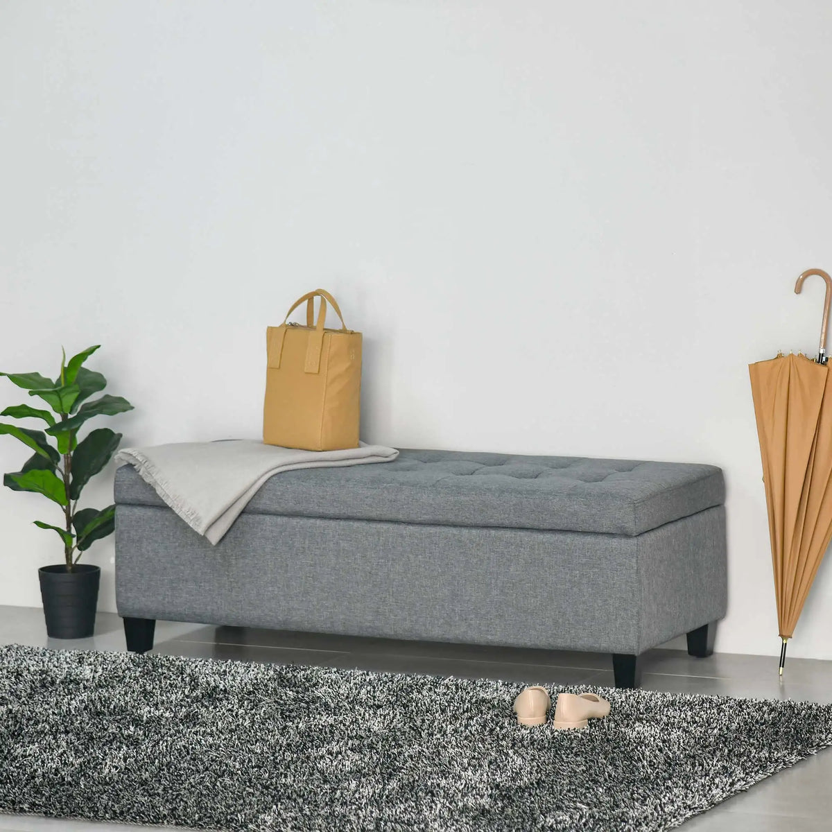 linen upholstered storage bench with practical and elegant folding cover - vue 3 sur 6