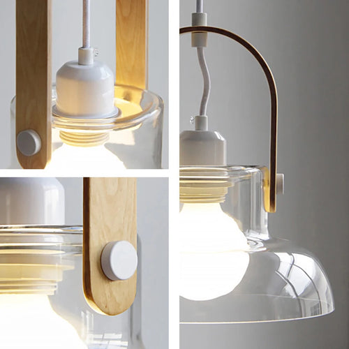 suspension moderne en verre transparent avec ampoule en bois - vue 5 sur 8