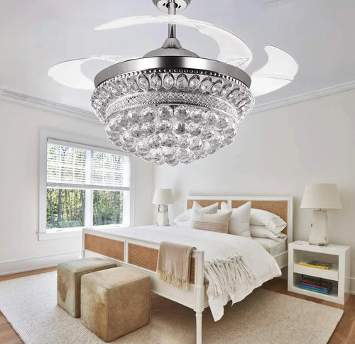 Chrome crystal ceiling fan chandelier with changing LED light - vue 4 sur 7