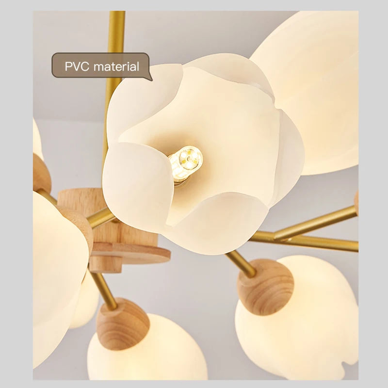 Nordic wooden chandelier with flower-shaped LED light - vue 6 sur 9