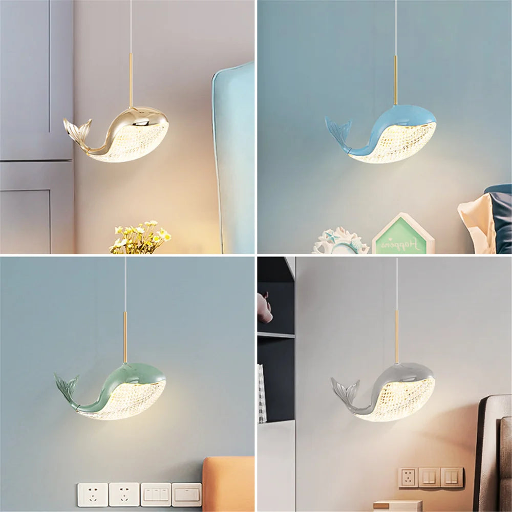 Golden dolphin acrylic LED pendant light for children - vue 3 sur 10