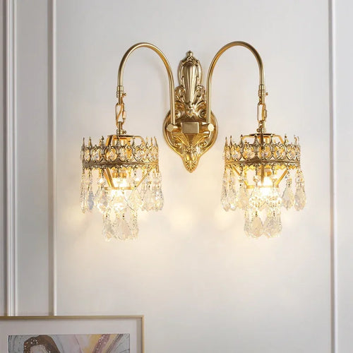 Vintage luxury gold crystal wall light with two lights - vue 3 sur 6