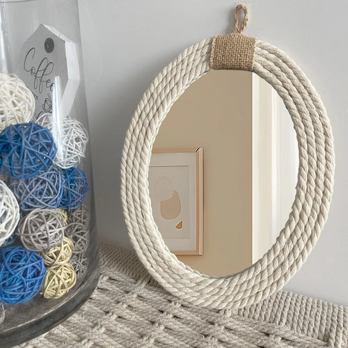 oval nautical rope mirror with macrame fringe - vue 4 sur 7