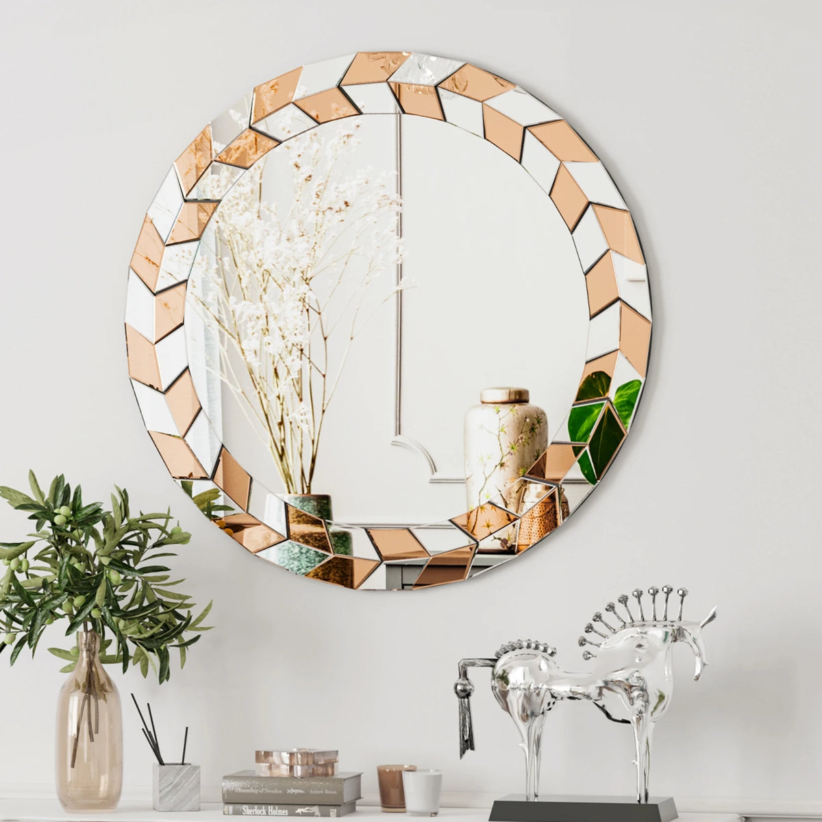 large round decorative mirror with beveled glass frame modern style