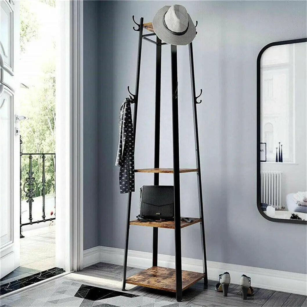 industrial metal coat rack with shelves and hooks