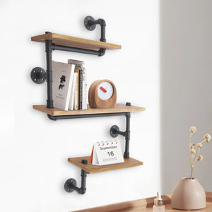 Three-tier retro industrial wooden wall shelf