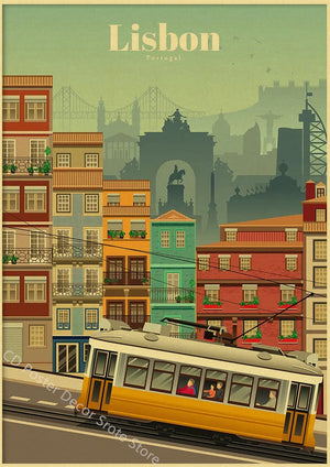 retro poster of world cities for wall decoration