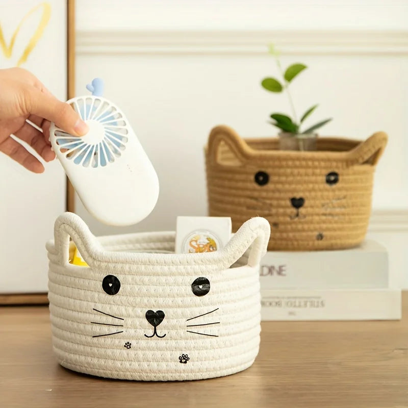 adorable cat face woven cotton storage basket