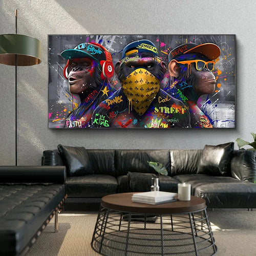 three orangutans graffiti wall art decoration monkey music - vue 4 sur 7
