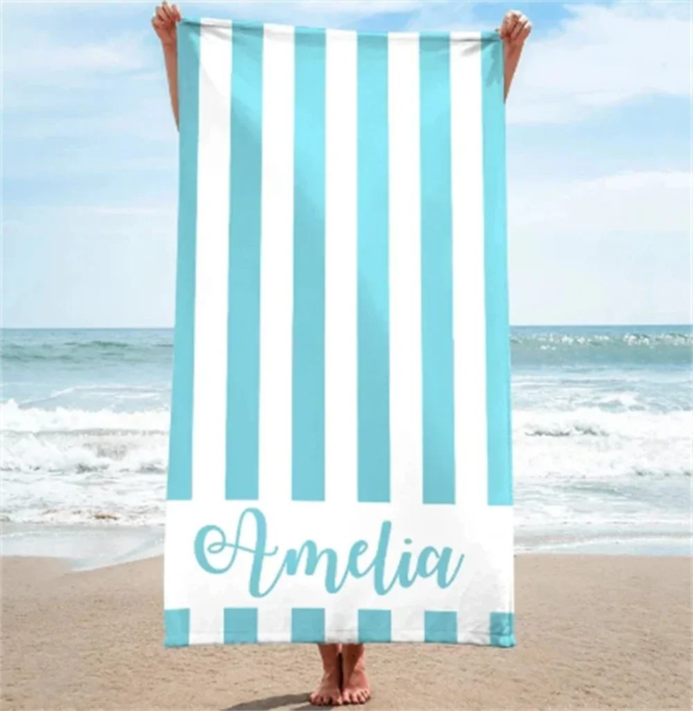 Personalised striped microfibre beach towel with name - vue 3 sur 5
