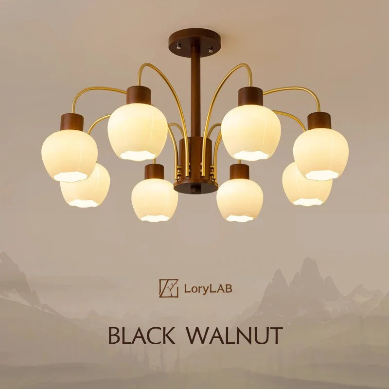 Walnut Color Wooden Glass, Wabi-sabi Modern Vintage style, chandelier lights for Living room, Bedroom, Dining room, Study