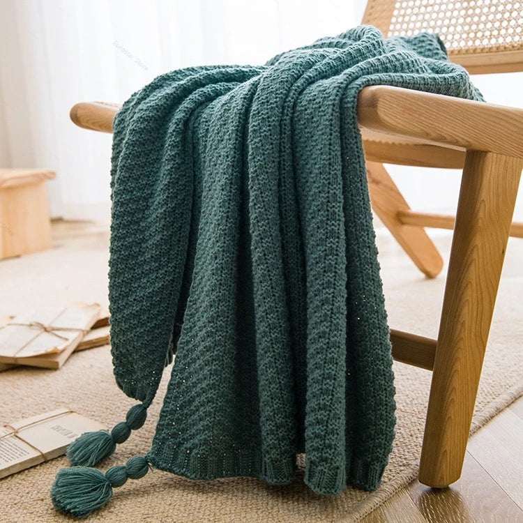 Chunky waffle knit throw with pompom nordic style - vue 5 sur 7