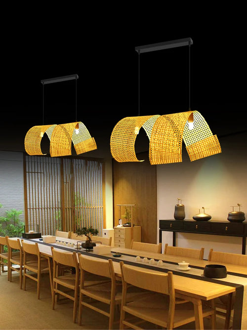Japanese style bamboo chandelier for zen Asian decor - vue 6 sur 11