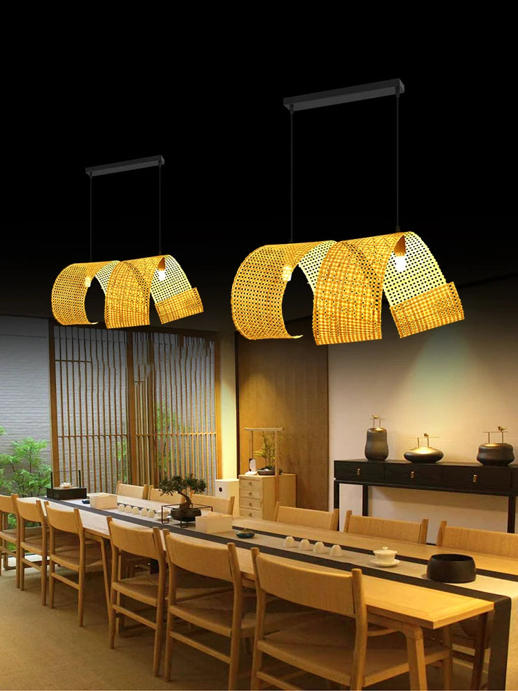 Japanese style bamboo chandelier for zen Asian decor - vue 5 sur 11
