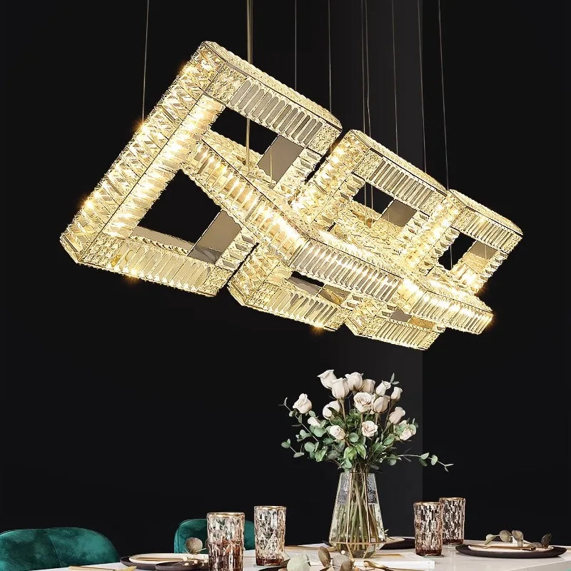 Modern square gold crystal designer chandelier