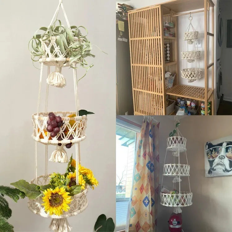 cotton rope wall baskets with macrame tassels - vue 5 sur 7
