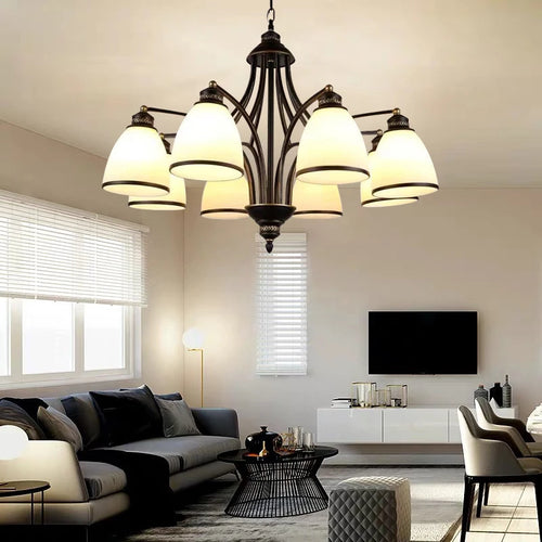 Vintage iron and bronze chandelier with glass shade, loft style - vue 7 sur 14
