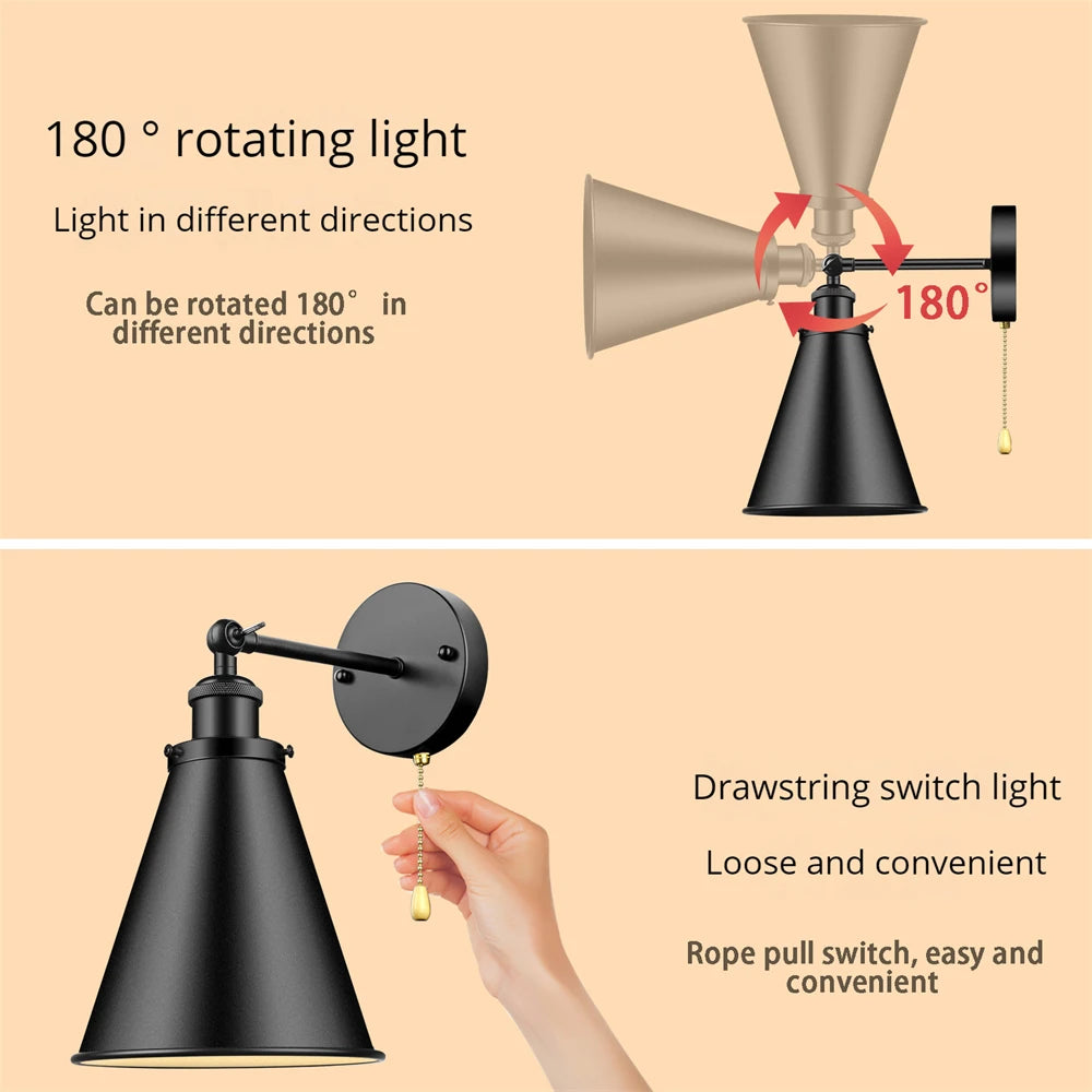 American retro black iron rotating wall light with switch - vue 8 sur 8