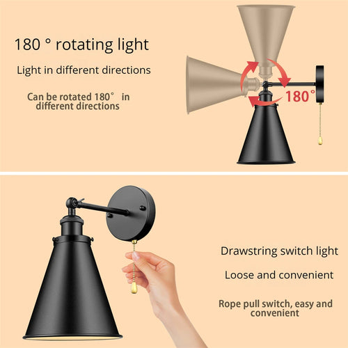 Retro American style rotary iron wall light with switch - vue 8 sur 8