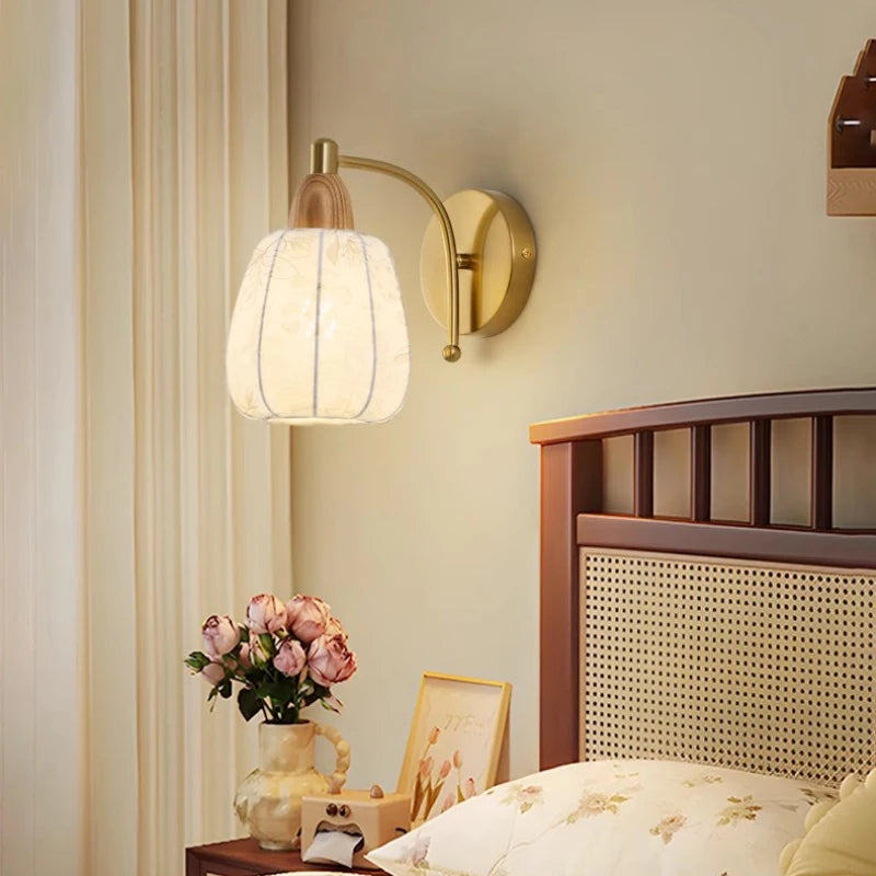 Medieval style wall light in printed fabric and solid wood