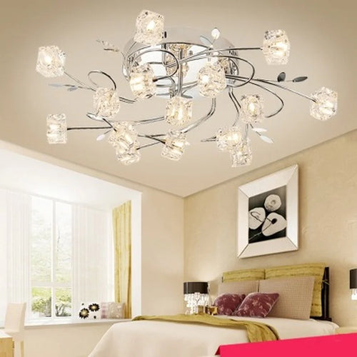 Modern chrome metal chandelier with crystal and LED lighting - vue 6 sur 6