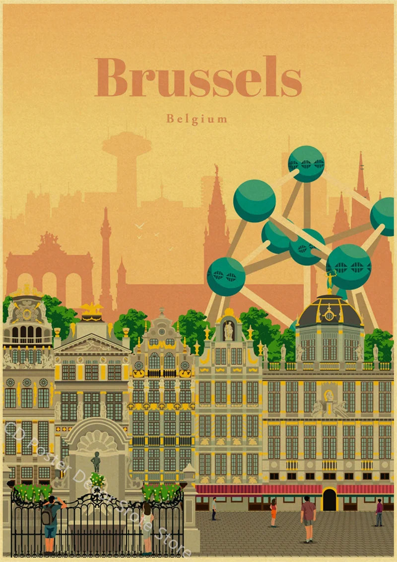 Retro world cities poster decorative wall art