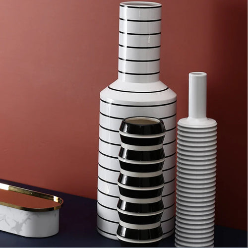 Black and White Striped Ceramic Vase, Flower Pot Decoration, Home and Living Room Decoration, Creative Geometric Striped Vase - vue 6 sur 18