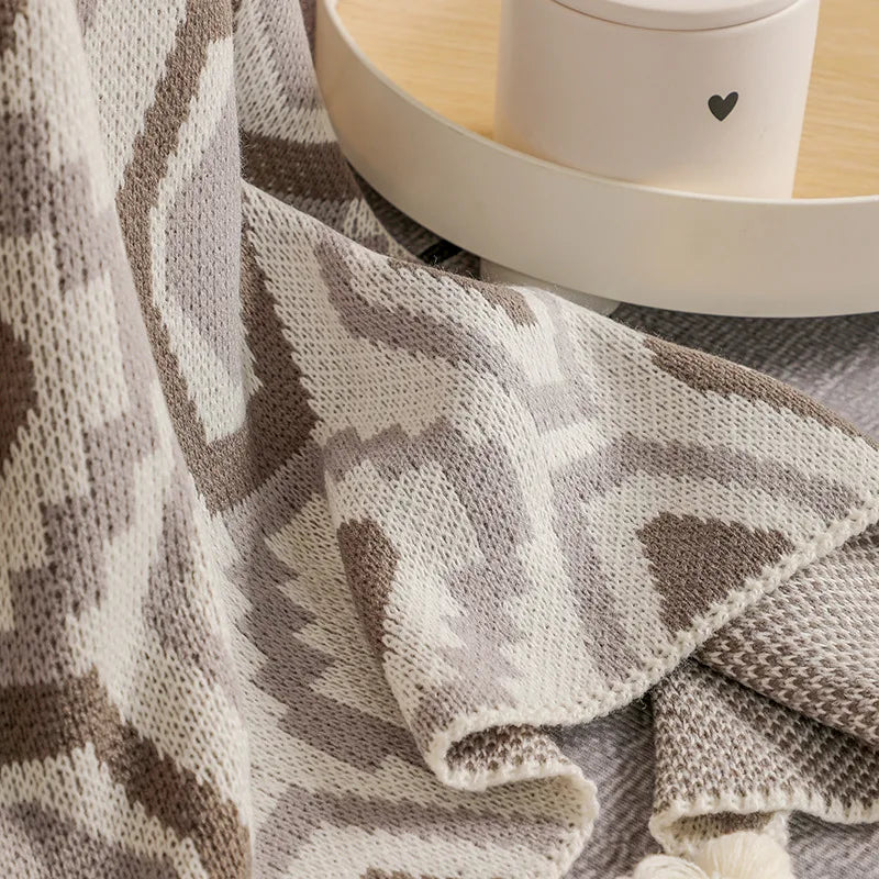 Bohemian geometric check throw with tassels for living room - vue 6 sur 7