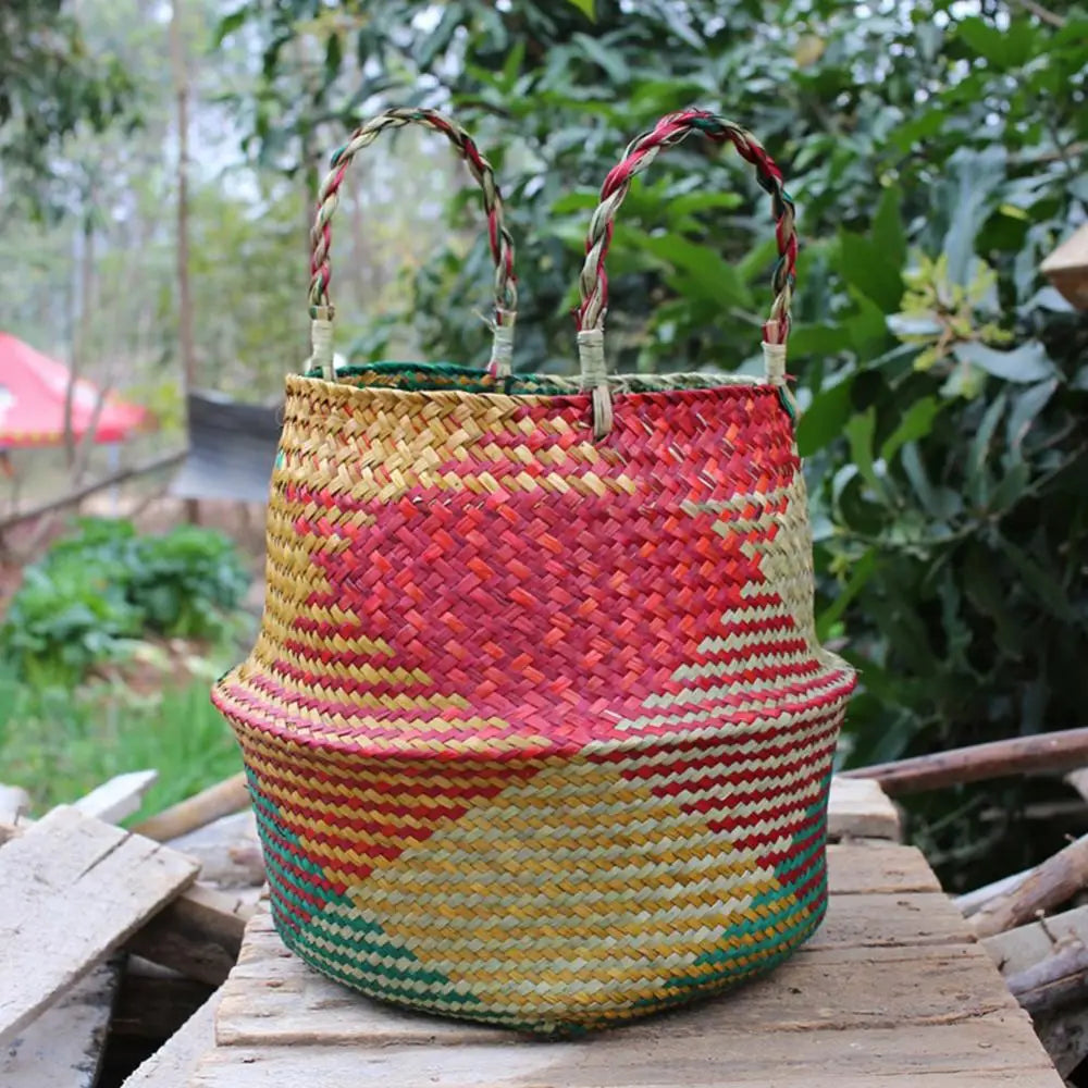 straw storage basket with foldable handle for gardening - vue 3 sur 8