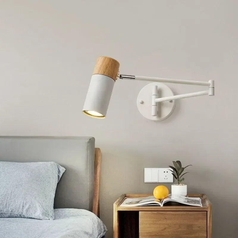 Telescopic wooden swing arm wall lamp for interior decor