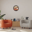 retro wooden wall clock with decorative bottle cap pattern
