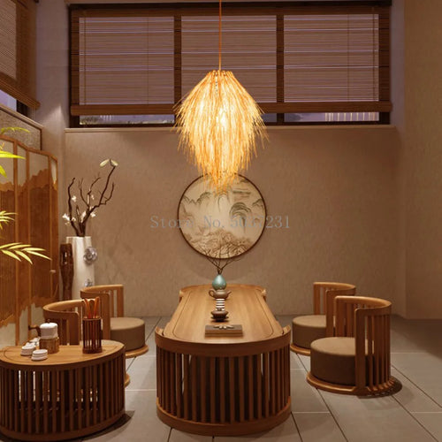 Rattan bamboo woven pendant light with straw hat shade pastoral decor - vue 7 sur 7