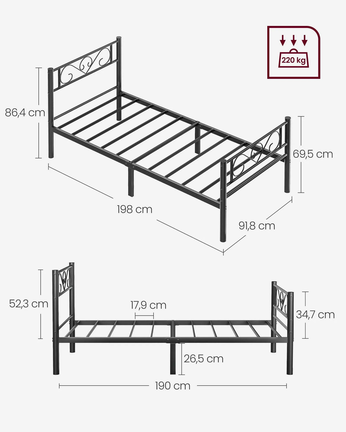 VASAGLE Single Bed Frame, Metal Bed Frame, Fits 90 x 190 cm Mattress, Easy Assembly, for Small Spaces, Guest Room - vue 6 sur 8