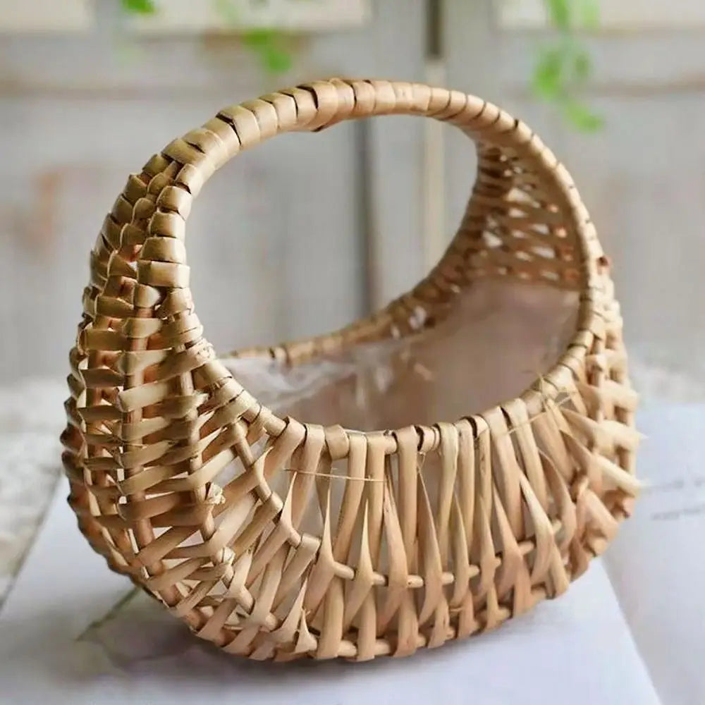 Half-moon woven rattan basket with sturdy handle