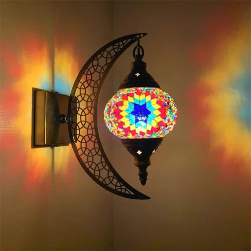 Handcrafted bohemian retro moon-shaped decorative wall light