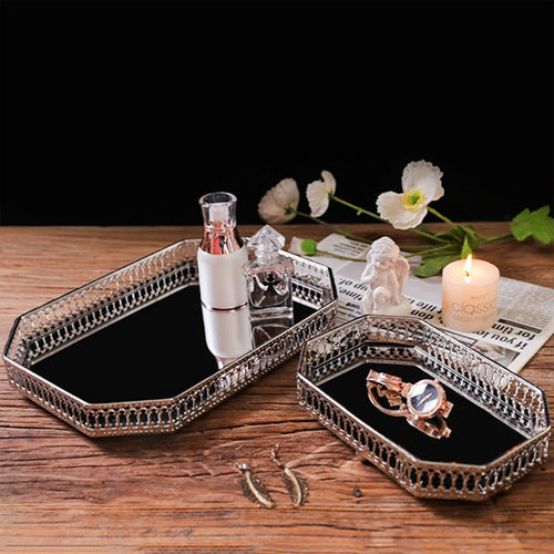 Decorative metal mirrored storage tray for cosmetics and tableware