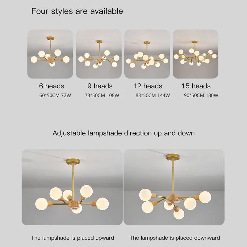 Nordic wood LED chandelier for modern interior decor - vue 4 sur 9