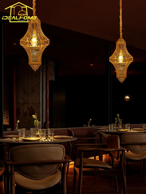 Vintage Asian-style gold pendant light for bar and restaurant - vue 5 sur 8